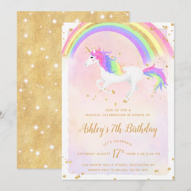 Invitation d'anniversaire de la licorne | Arc-en-c (Devant / Derrière)