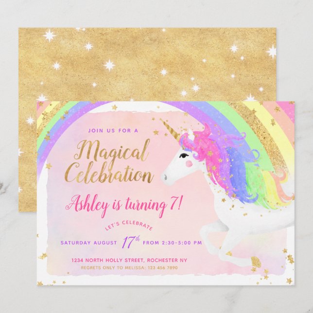 Invitation d'anniversaire de la licorne | Arc-en-c (Devant / Derrière)
