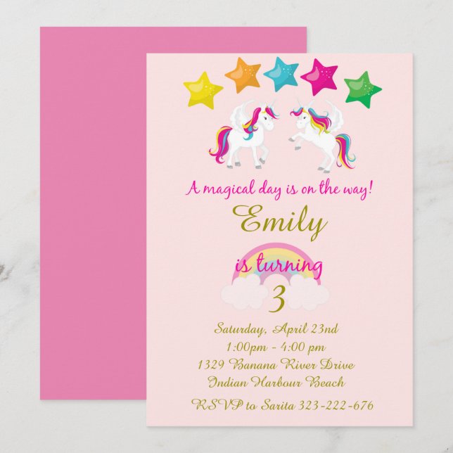 Invitation d'anniversaire de la licorne de fille,  (Devant / Derrière)