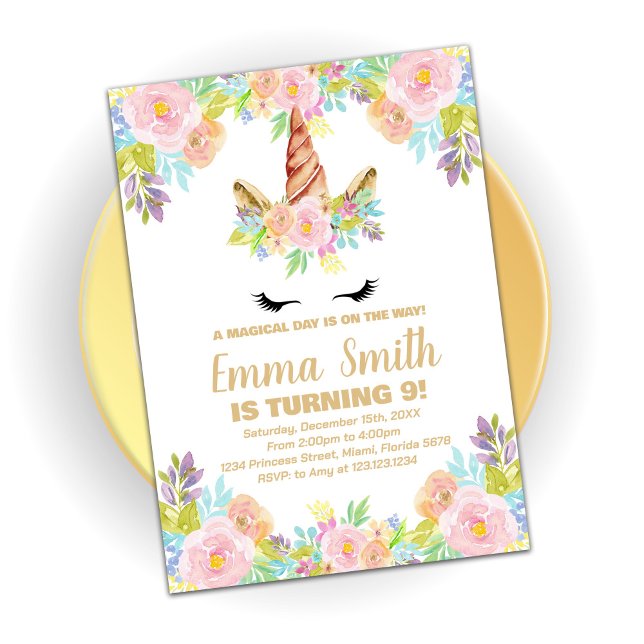 Invitation d'anniversaire de la licorne florale (Créateur téléchargé)