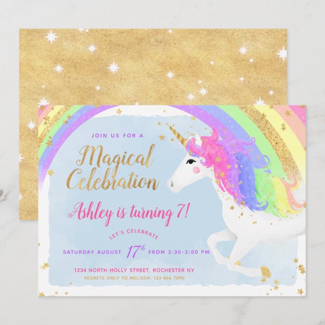 Invitation d'anniversaire de la licorne magique |  (Devant / Derrière)