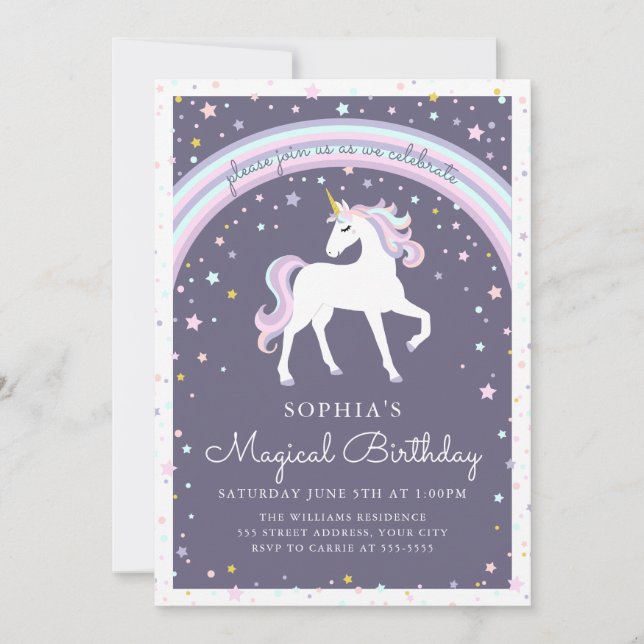 Invitation d'anniversaire de la licorne magique (Devant)
