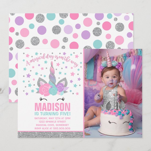 Invitation d'anniversaire de la licorne magique ro (Devant / Derrière)