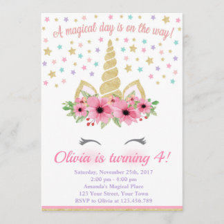 Invitation d'anniversaire de la licorne, rose et o
