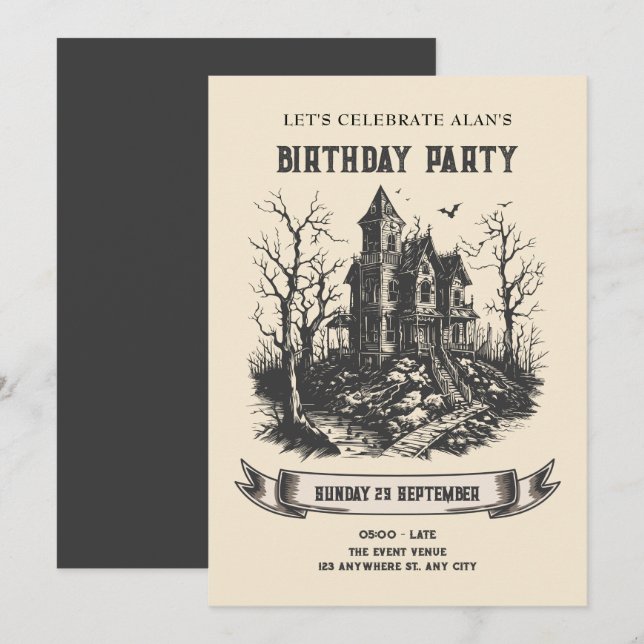 Invitation d'anniversaire de la maison hantée (Devant / Derrière)
