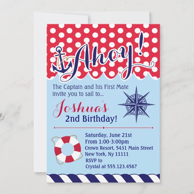 Invitation d'anniversaire de la Marine rouge et bl (Devant)