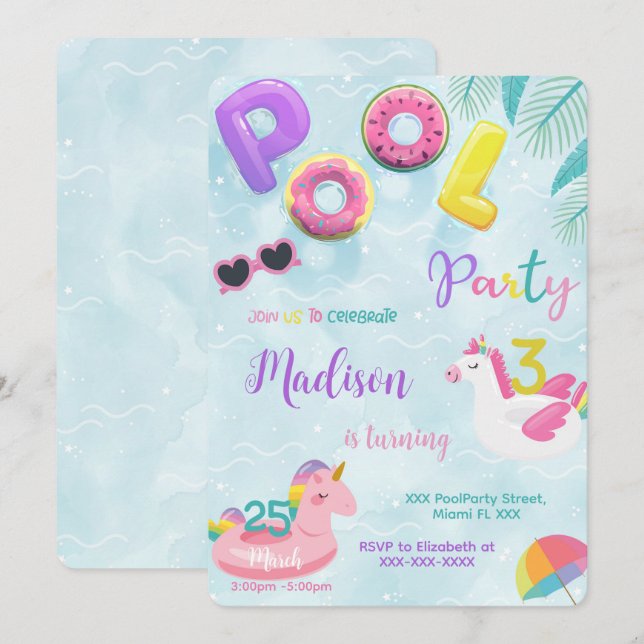 Invitation d'anniversaire de la piscine (Devant / Derrière)