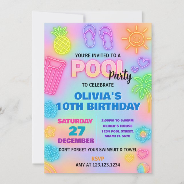 Invitation d'anniversaire de la piscine Neon (Devant)
