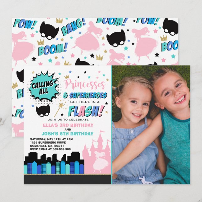 Invitation d'anniversaire de la princesse et du su (Devant / Derrière)