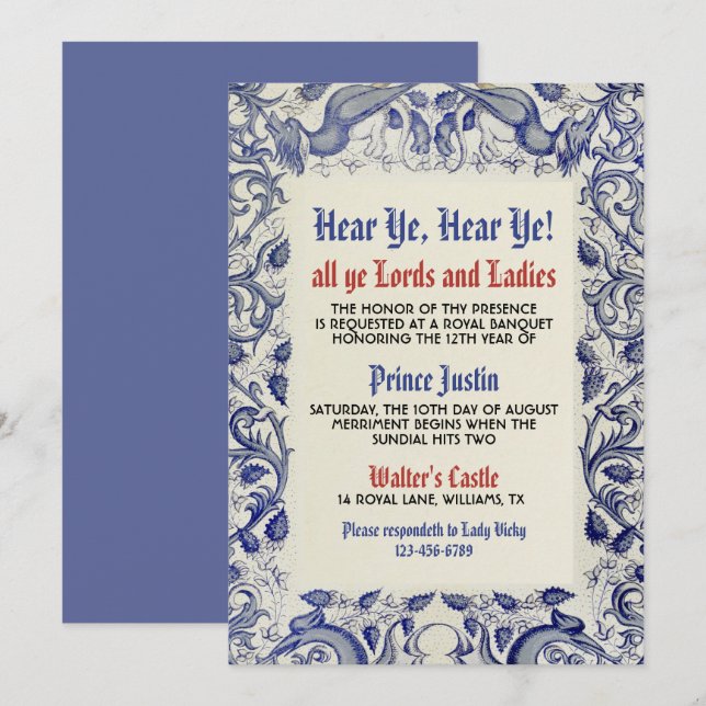 Invitation d'anniversaire de la Renaissance médiév (Devant / Derrière)