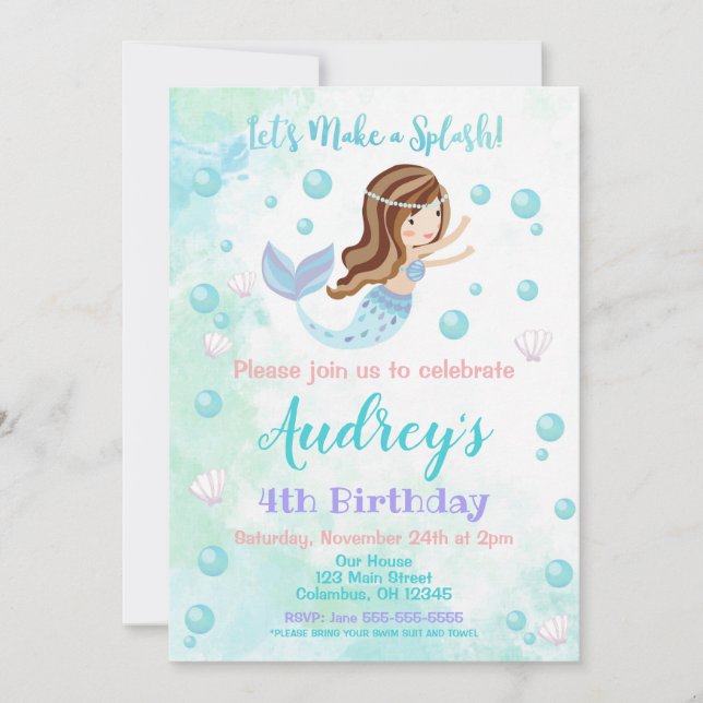 Invitation d'anniversaire de la sirène / Brunette  (Devant)