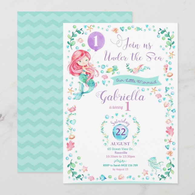 Invitation d'anniversaire de la sirène Fête de la  (Devant / Derrière)