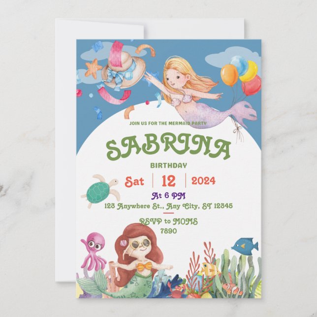 Invitation d'anniversaire de la Sirène magique (Devant)