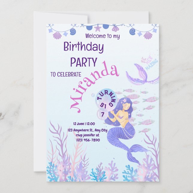 Invitation d'anniversaire de la Sirène magique (Devant)