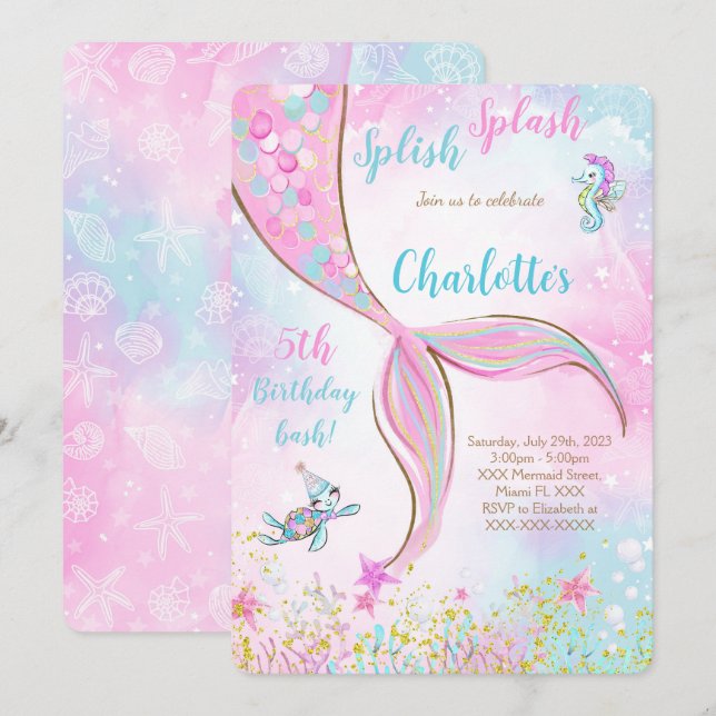 Invitation d'anniversaire de la sirène rose (Devant / Derrière)