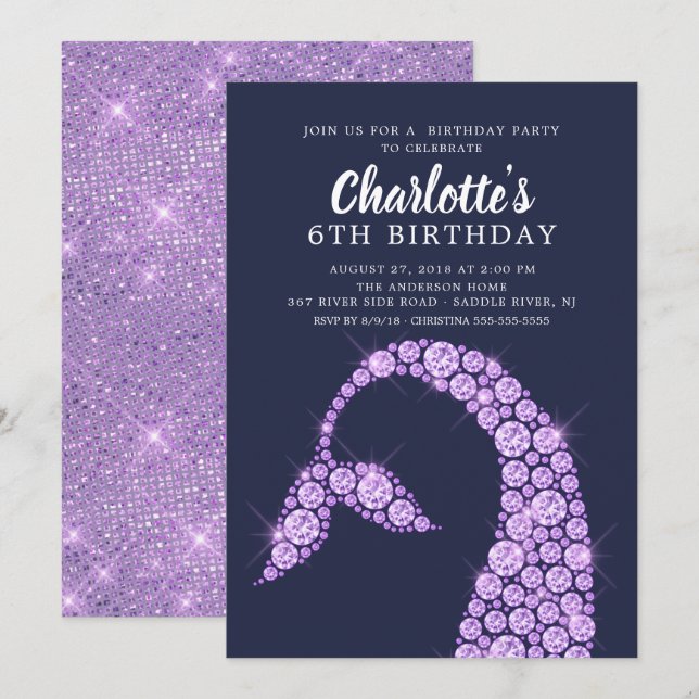 Invitation d'anniversaire de la sirène violette mo (Devant / Derrière)