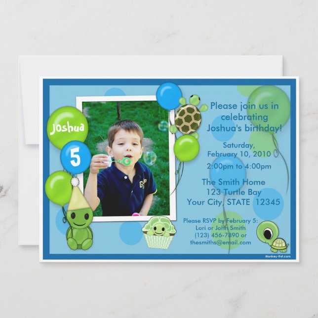 Invitation d'anniversaire de la tortue ADORABLE (Devant)
