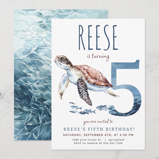 Invitation d'anniversaire de la Tortue de mer (Devant / Derrière)