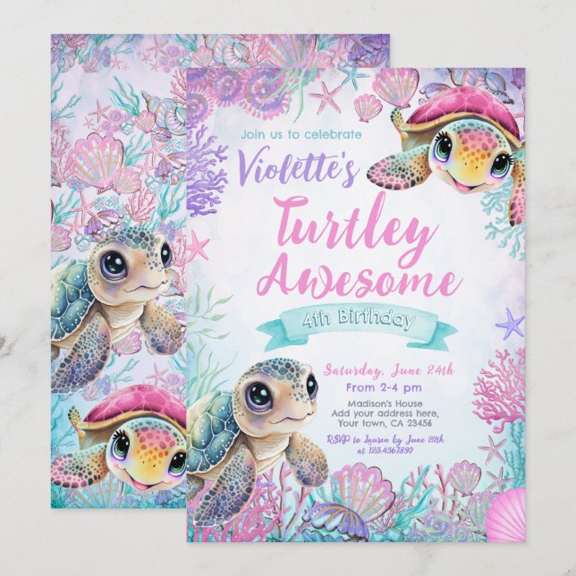 Invitation d'anniversaire de la tortue de mer (Devant / Derrière)