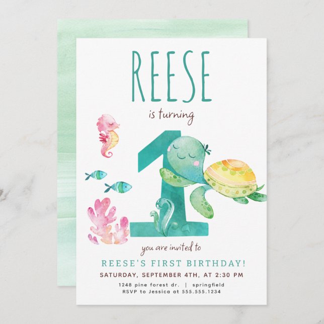 Invitation d'anniversaire de la tortue de mer (Devant / Derrière)