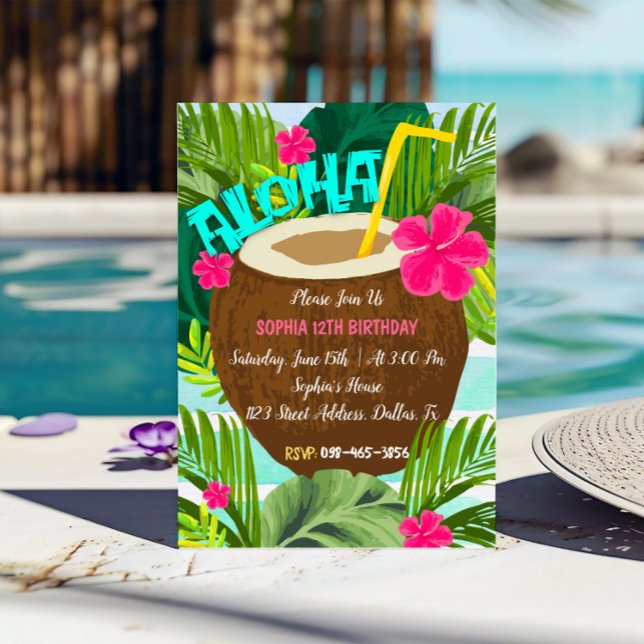 Invitation d'anniversaire de l'Aloha de noix de co (Créateur téléchargé)