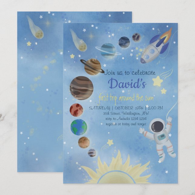 Invitation d'anniversaire de l'astronaute Planètes (Devant / Derrière)
