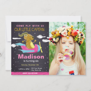 Invitation d'anniversaire de l'avion de chien rose