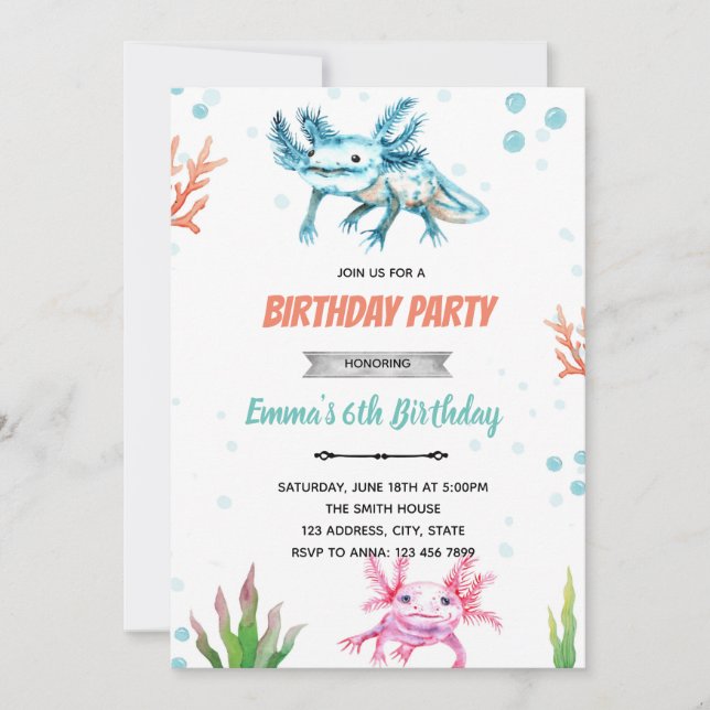 Invitation d'anniversaire de l'axolotl mignon (Devant)