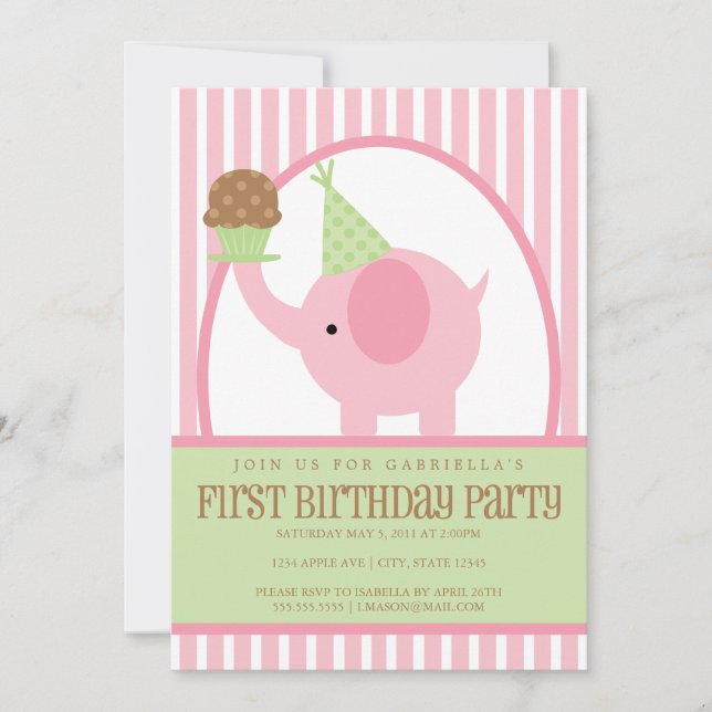 invitation d'anniversaire de l'éléphant 5x7 rose (Devant)