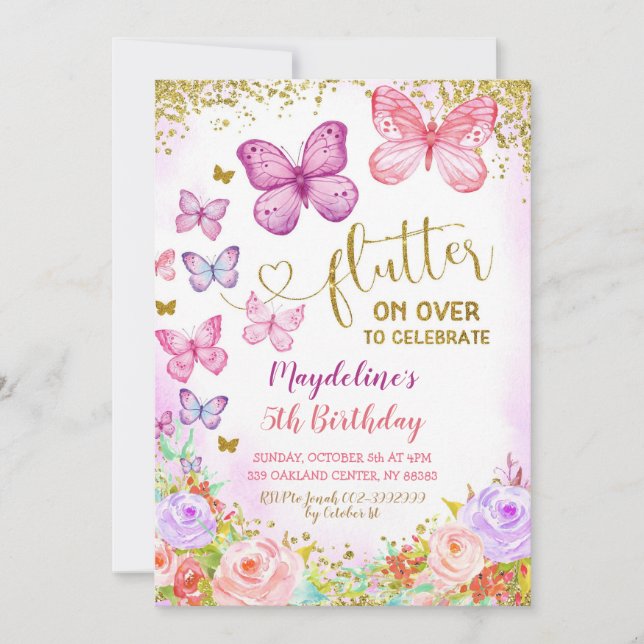 Invitation d'anniversaire de l'enfant papillon ros (Devant)