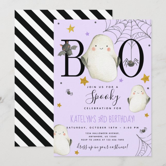 Invitation d'anniversaire de l'Halloween violet (Devant / Derrière)