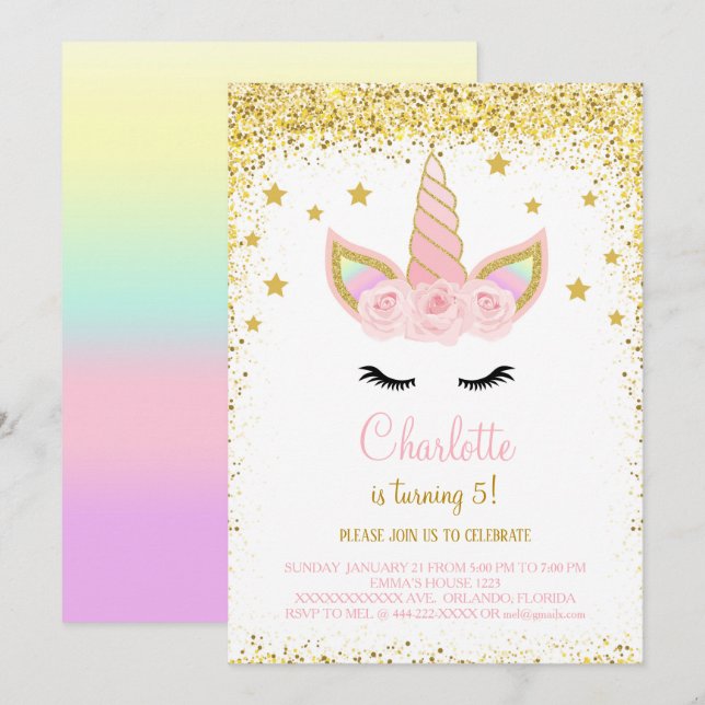 Invitation d'anniversaire de licorne à paillettes  (Devant / Derrière)