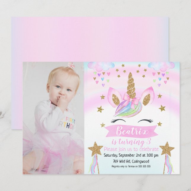 Invitation d'anniversaire de licorne de photo de (Devant / Derrière)