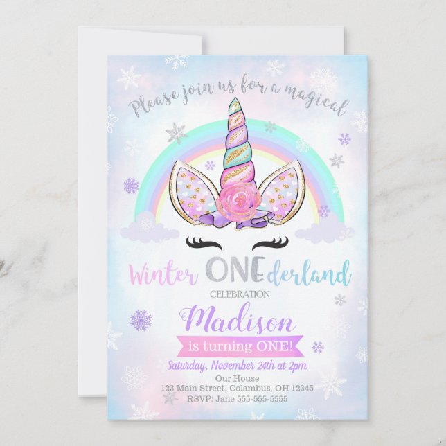 Invitation d'anniversaire de licorne d'ONEderland (Devant)