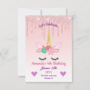 Invitation d'anniversaire de licorne florale/paill