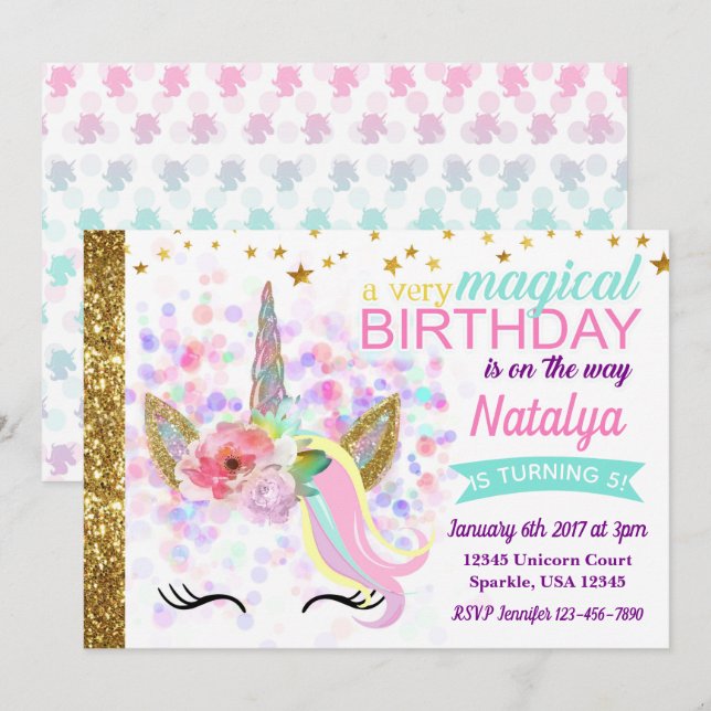 Invitation d'anniversaire de licorne magique (Devant / Derrière)