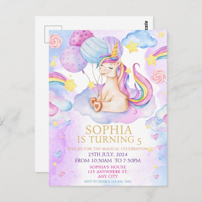 Invitation d'anniversaire de licorne magique Arc-e (Devant / Derrière)