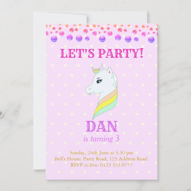 Invitation d'anniversaire de licorne magnifique (Devant)