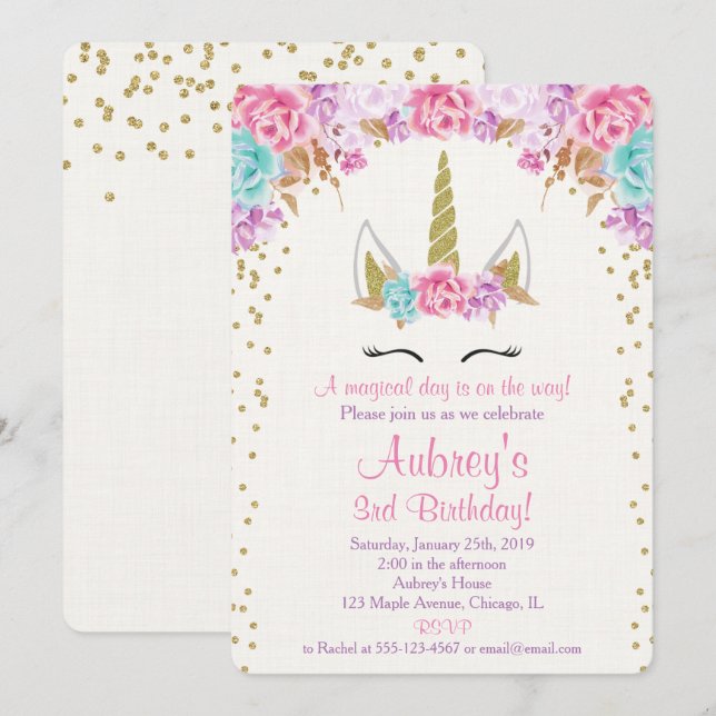 Invitation d'anniversaire de licorne, or pourpre (Devant / Derrière)