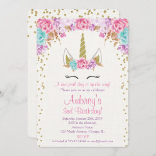 Invitation d'anniversaire de licorne, or pourpre