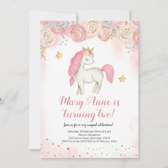 Invitation d'anniversaire de licorne rose magique (Devant)