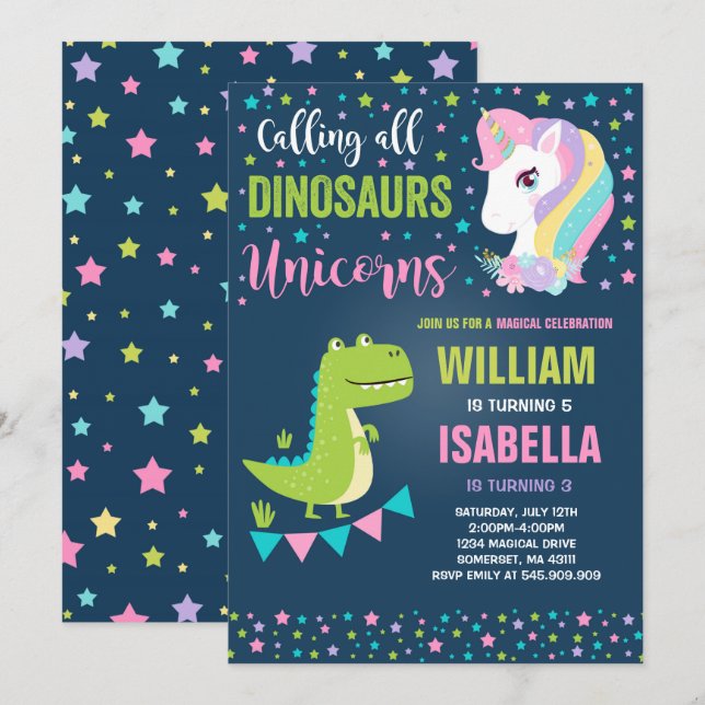 Invitation d'anniversaire de licornes et de (Devant / Derrière)