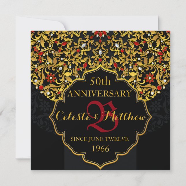 Invitation d'anniversaire de luxe noir rouge or 50 (Devant)