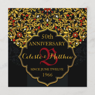 Invitation d'anniversaire de luxe noir rouge or 50
