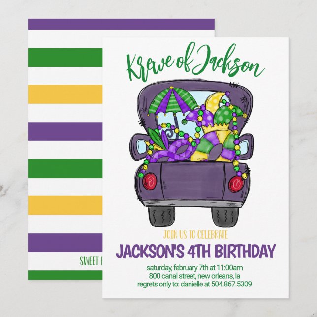 Invitation d'anniversaire de Mardi Gras (Devant / Derrière)
