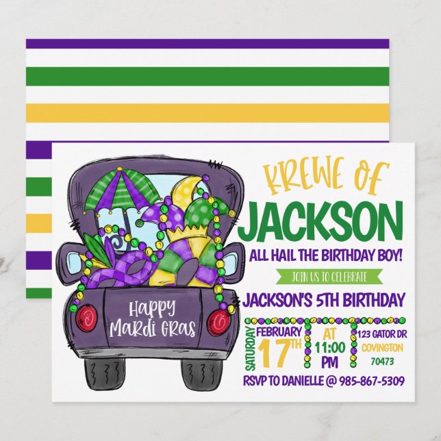 Invitation d'anniversaire de Mardi Gras (Devant / Derrière)