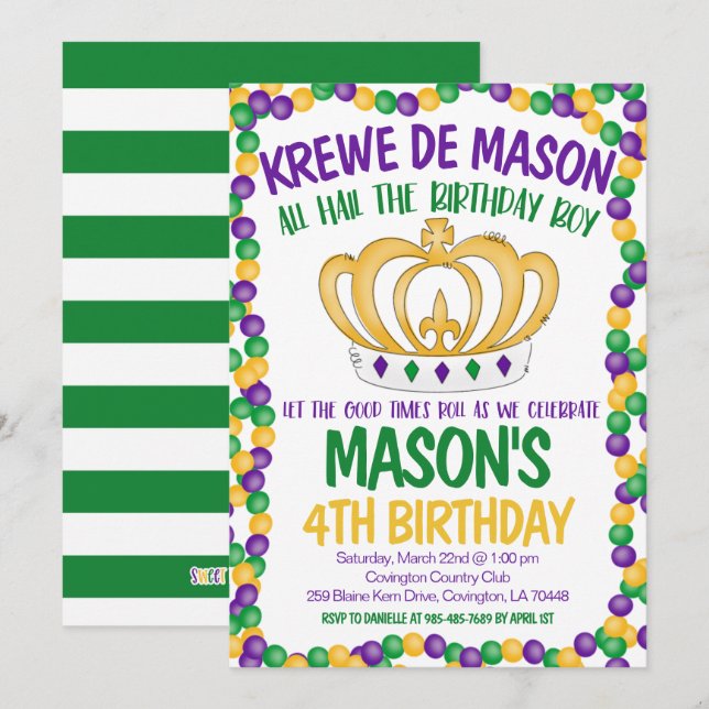 Invitation d'anniversaire de Mardi Gras (Devant / Derrière)