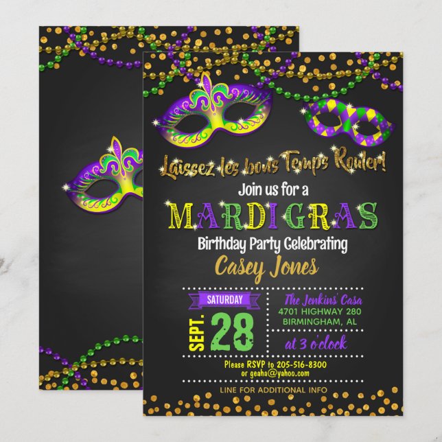 Invitation d'anniversaire de Mardi Gras (Devant / Derrière)