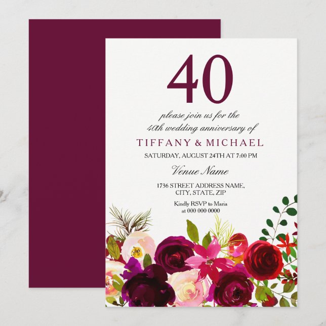 Invitation d'anniversaire de mariage de 40 ans ave (Devant / Derrière)