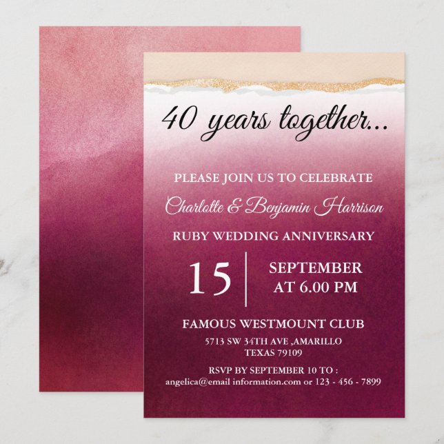 Invitation d'anniversaire de mariage de 40 ans en  (Devant / Derrière)
